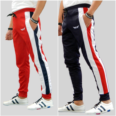 Chrome & Coral Colorblock Men Red, Dark Blue Track Pants