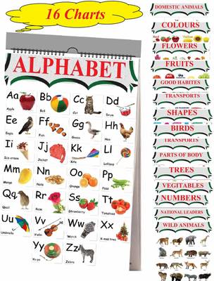 Kids Early Learning Educational Chart ( 16 Charts ) in English | Size 37 cm x 48 cm : Children Spiral Wall Picture Chart | Fruits, Vegetables, Shapes, Alphabets, Birds, Colors, Flowers, Good Manners Habits, Animals  (Paperback, SA)