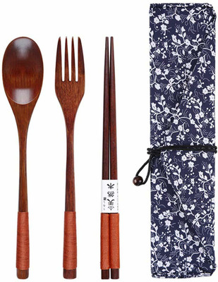 Iktu 3 Pcs Wooden Flatware Reusable Bamboo Cutlery Set(Pack of 3)