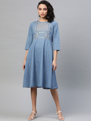 PLUSS Women A-line Blue Knee Length Dress