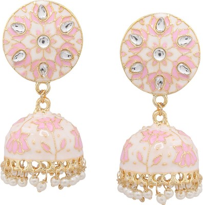 YELLOW CHIMES Traditional Gold Toned Pink Lotus Flower Designer Enamal Kundan Studded Pearl Jhumki/Jhumka Earrings for Women and Girls Copper Jhumki Earring