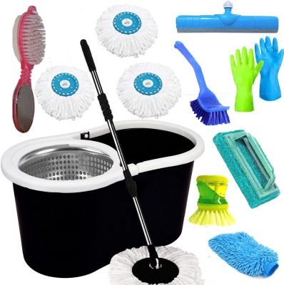 V-MOP Black Steel Magic Dry Bucket Mop - 360 Degree Self Spin Wringing With 3 Super Absorbers, 1 Pedi Cleaner, 1 Tile Brush, 1 Liquid Brush, 1 Glove, 2 Hand Glove, 1 Sink Cleaner, 1 Floor Wiper for Home & Office Floor Mop Set, Glove, Cleaning Wipe, Toilet Brush, Scrub Pad, Broom, Kitchen Wiper, Clea