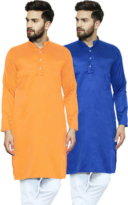 AD & AV Men Solid Straight Kurta(Dark Blue, Yellow)