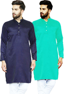 AD & AV Men Solid Straight Kurta(Dark Blue, Light Green)