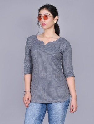 Demistry Women Striped Straight Kurta(Grey)