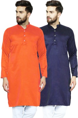 AD & AV Men Solid Straight Kurta(Orange, Dark Blue)