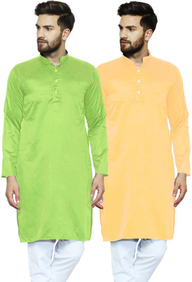 AD & AV Men Solid Straight Kurta(Light Green, Yellow)