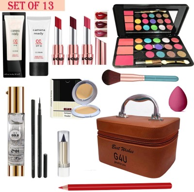 G4U All In One Makeup Kit (3 Lipstick,1 EyeShadow,1 CC Cream, Compact,Primer,Pen Liner,Kajal, Lip Liner, 1 Makeup Brush,1 Makeup Puff,1 Multi-purpose Makeup Box) Light Pink shade Pack of 13 Pcs.