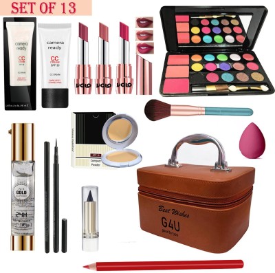 G4U All In One Makeup Kit (3 Lipstick,1 EyeShadow,1 CC Cream, Compact,Primer,Pen Liner,Kajal, Lip Liner, 1 Makeup Brush,1 Makeup Puff,1 Multi-purpose Makeup Box) Pink Pack of 13 Pcs.