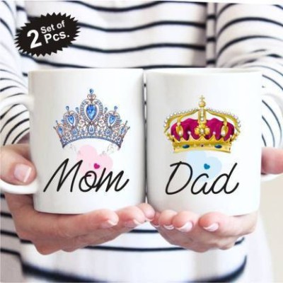 Shri Ganesh Handloom SGH1023 MOM DAD Printed Ceramic Coffee and Tea mug For Mom and Dad on Birthday, Anniversary or any other Occasion Pack of 2, 330ml Ceramic Coffee Mug(330 ml, Pack of 2)