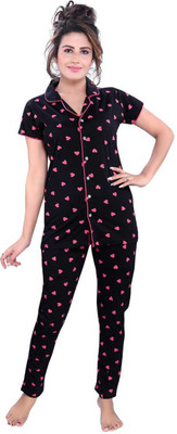 KGLIO Women Printed Black Shirt & Pyjama set