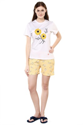 Evolove Women Printed Yellow, White Top & Shorts Set