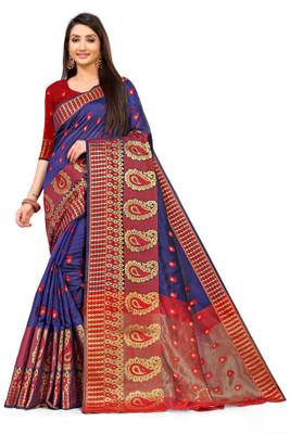 Leeza Store Woven Banarasi Silk Blend, Cotton Blend Saree(Dark Blue)
