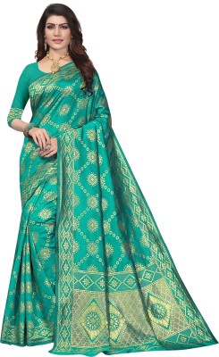 NAMASYA FASHION Printed Banarasi Cotton Silk Saree(Light Blue)