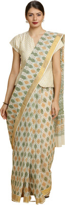 Manvish Drapes Printed Kasavu Pure Cotton Saree(Multicolor)