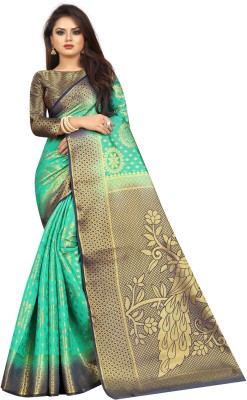 FINE WEAR Woven Banarasi Cotton Silk Saree(Light Green)