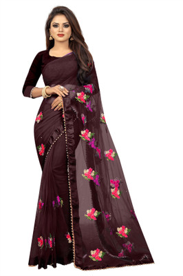 SFCS Floral Print Bollywood Net Saree(Brown)