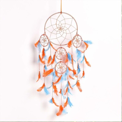 DULI Dreamcatcher Handmade Wall Art for Bedrooms |Wall Hanging For Office, Balcony, Outdoors, Garden, Home Wall | Homedecor Hanging 5 Ring Design |Dream Catcher Height 75 cm |Brings Positive Energy (Blue - Green) Decorative Showpiece  -  75 cm(Feather, Orange)