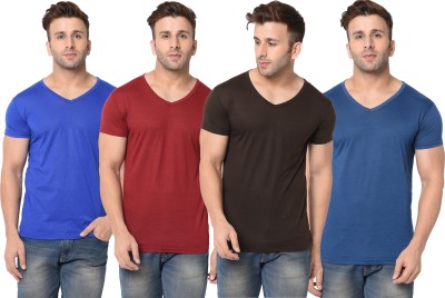 Adorbs Solid Men V Neck Blue, Maroon, Brown T-Shirt