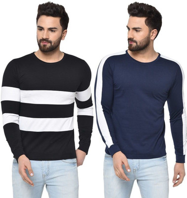 UNICUS APPAREL Striped Men Round Neck Dark Blue, White, Black T-Shirt