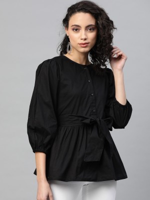 PLUSS Casual 3/4 Sleeve Solid Women Black Top