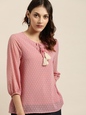 all about you Casual 3/4 Sleeve Solid Women Pink Top