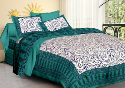 ARCZEN Cotton Double Flat 144 TC Jaipuri Prints Bedsheet(Pack of 1, Green)