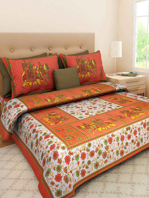 E ELMA 250 TC Cotton Double Jaipuri Prints Flat Bedsheet(Pack of 1, Orange)