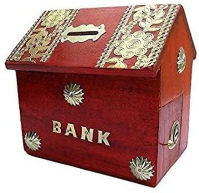 MITRIA TRADERS Wooden Hut Shaped Wooden Money Box with Lock Coin Box Children Gifts (RED) Coin Bank(Red)