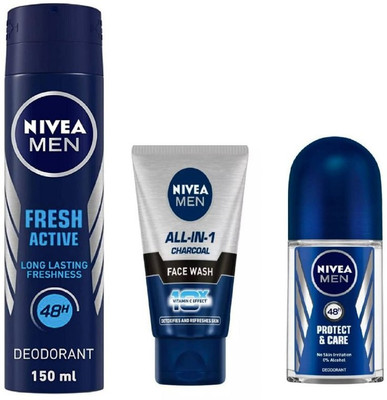 NIVEA Men Fresh Active Deo 150Ml+All In ONe Charcoal Face Wash 50Ml , Protect Care Roll ON 50Ml 57(3 Items in the set) NIVEA Men Fresh Active Deo 150Ml+All In ONe Charcoal Face Wash 50Ml , Protect Care Roll ON 50Ml 57(3 Items in the set)