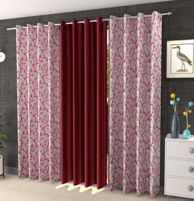 Arick Home 153 cm (5 ft) Polyester Semi Transparent Window Curtain (Pack Of 3)(Printed, Maroon)