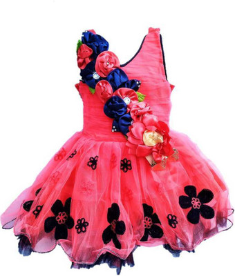 socho samjo Girls Midi/Knee Length Party Dress(Red, Sleeveless)