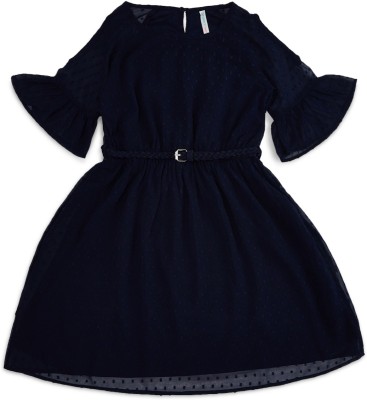 Pantaloons Junior Girls Midi/Knee Length Casual Dress(Dark Blue, 3/4 Sleeve)