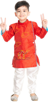 new gen Boys Festive & Party Kurta and Pyjama Set(Orange Pack of 1)