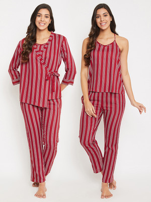 Clovia Women Striped Maroon Top & Pyjama Set