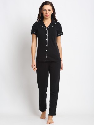 Boston Club Women Solid Black Shirt & Pyjama set