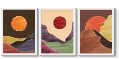 SC CREATIVES Set of 3 Mid Century Landscapes Framed Art Prints Painting with Plexi Glass Inches Wall Art Gift Posters for Wall Decor Wall Hangings - White Frame | Ready To Hang Digital Reprint 12 inch x 9 inch Painting(With Frame, Pack of 3)