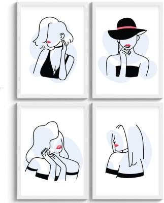 SC CREATIVES Set of 4 Black & White Women One Line Framed Art Prints Painting with Plexi Glass Inches Wall Art Gift Posters for Wall Decor Wall Hangings - White Frame | Ready To Hang Digital Reprint 12 inch x 9 inch Painting(With Frame, Pack of 4)