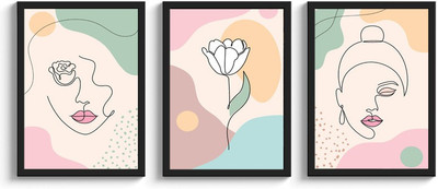 SC CREATIVES Set of 3 Woman Flowers & Abstract Shape Framed Art Prints Painting with Plexi Glass Inches Wall Art Gift Posters for Wall Decor Wall Hangings - Black Frame | Ready To Hang Digital Reprint 12 inch x 9 inch Painting(With Frame, Pack of 3)