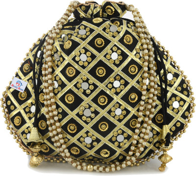 Heart Home Silk Traditional Mirror Work Clutch Potli Batwa Pouch Bag For Women/Girls (Black)-31_S_HHOME11479 Potli