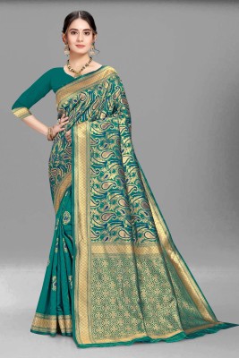 ARNOYA CREATION Woven Banarasi Silk Blend Saree(Dark Green)
