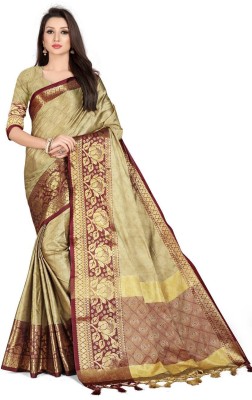 Madhav design Woven Banarasi Jacquard, Art Silk Saree(Purple, Beige)