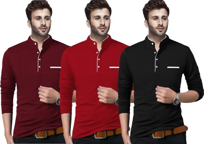 Jaskart Solid Men Mandarin Collar Red, Maroon, Black T-Shirt