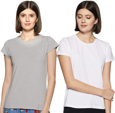 COLOR CAPITAL Solid Women Round Neck White, Grey T-Shirt