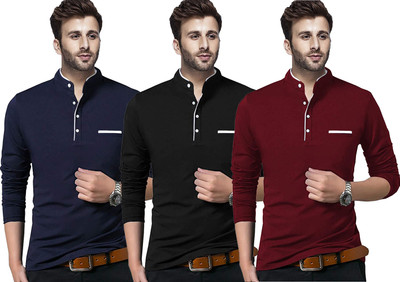 Jaskart Solid Men Mandarin Collar Blue, Maroon, Black T-Shirt