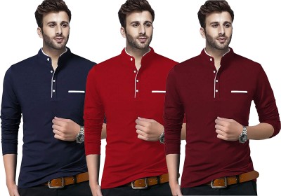 Jaskart Solid Men Mandarin Collar Dark Blue, Red, Maroon T-Shirt