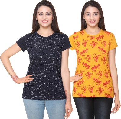 Nidhil Fashion Printed Women Round Neck Dark Blue, Yellow T-Shirt