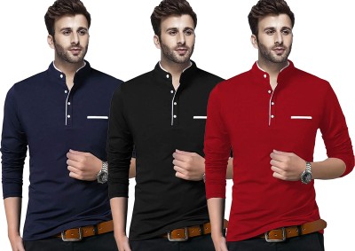 Jaskart Solid Men Mandarin Collar Red, Blue, Black T-Shirt