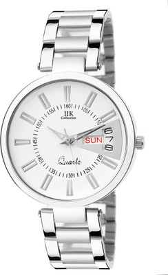 IIK Collection IIK-2017W-DND Round White Formal Studded Day and Date Dial with Silver Metal Bracelet Chain Analog Watch  - For Women