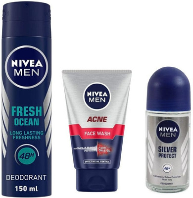 NIVEA Men Fresh Ocean Deo 150Ml , Acne Face Wash 100Ml ,Silver Protect Roll ON 50Ml 97(3 Items in the set)